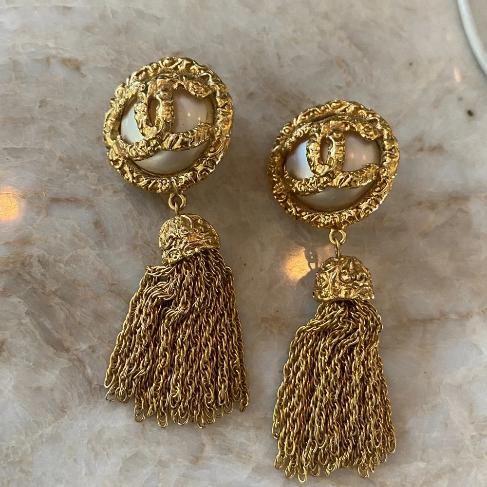 Chanel Faux Pearl Fringe Clip Earrings